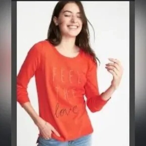 Old Navy Orange Feel the Love Embroidered Pullover Crew Neck Sweater Size Large - Picture 1 of 9